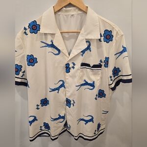 Men's Cream Short-Sleeve Shirt with Blue Crocodile & Floral Print